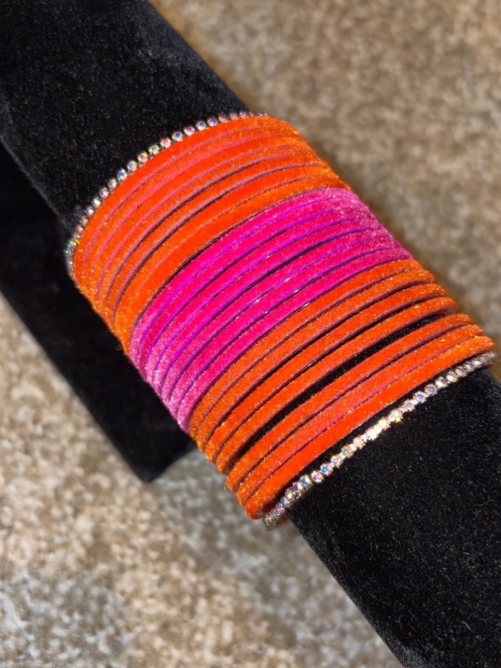 Ethnic Indian Wear Orange & Pink Layered Suede Bangles  with Rhinestones